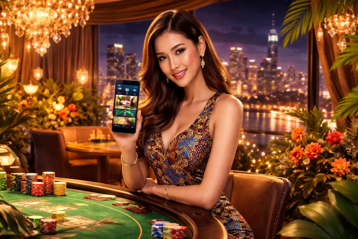 Meja baccarat kasino langsung nh886 dengan rekabentuk batik Melayu yang elegan